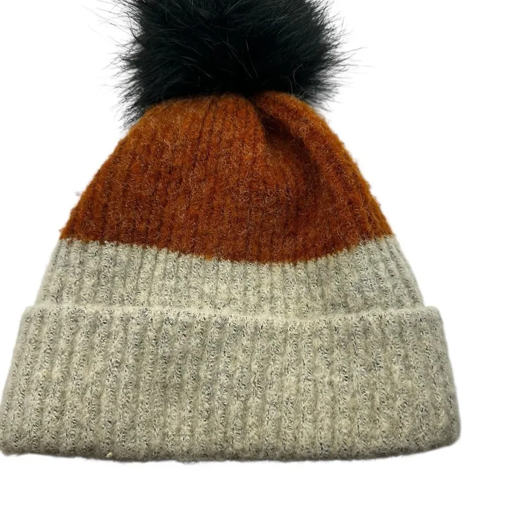 Columbia City Limits Pom Beanie Gray Burnt Orange Black Faux Fur